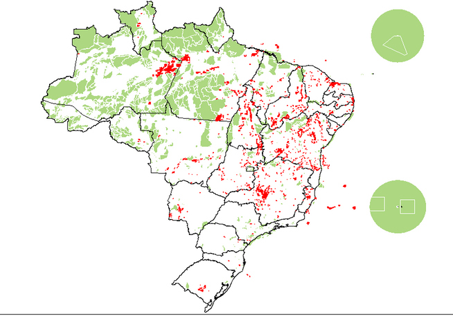Requerimentos minerários para substâncias de sais de potássio e fosfato (polígonos em vermelho) localizados fora das Terras Indígenas e Unidades de Conservação (polígonos em verde)